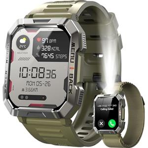 IOWODO Smartwatch militare Uomo chiamate Bluetooth,batteria da 100 giorni/Torcia/Bussola/cardiofrequenzimetro/Sonno/SPO₂/100+ modalità sportive fitness tracker,impermeabile IP68,Android IOS/2 Cinghia
