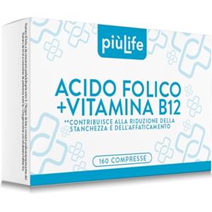 +LIFE Acido Folico 400 μg Con B12 160 Compresse PiùLife, 1 Al Giorno, Folina Integratore Acido Folico E Vitamina B12, Energia Contro Stanchezza E Affaticamento, Mamma