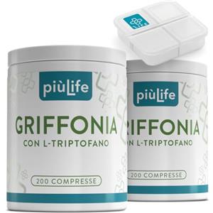 +LIFE Griffonia Triptofano Alto Dosaggio PiùLife, 400 Compresse Da 400mg, 80mg L-triptofano Precursore della Serotonina, Sonnifero Potente Naturale Dormire Meglio, Integratore Buon Umore, Ansia E Stress