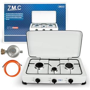Z.M.C ZMC Fornello a gas a 3 fuochi, fornello da campeggio con tubo e regolatore, per gas propano GPL, 2 x 2,2 kW + 1 x bruciatore da 1,0 kW, fornello a tre fiamme per esterni, 393 g/h