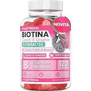 Vitastrong. Biotina Complex Vegano Vitastrong, 120 Gommose per Capelli, Pelle, Unghie Senza Saccarosio, Biotin Alto Dosaggio con Vitamina C, Vitamina E Antiossidante, Zinco, B6, Folato, Selenio, Iodio