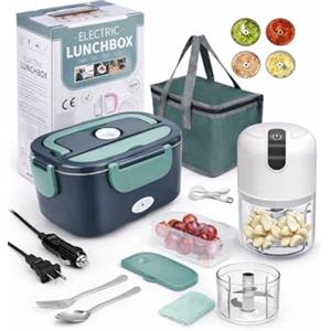 Generico Scaldavivande Elettrico Portatile + Leggero Frullatore Portatile USB 110V/12V 60W-80W con Contenitore Rimovibile in Acciaio Inossidabile Lunch Box 80W in acciaio inox uso casa ufficio auto camion