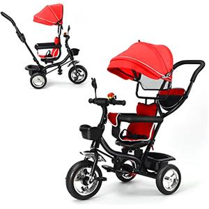 SHISHI Triciclo Evolutivo per Bambini 3 in 1, Bicicletta Senza Pedali con Maniglione Parentale, Triciclo Bambini con Sedile Reversibile, Cappottina Parasole e Pedali Rimovibili (Rosso)