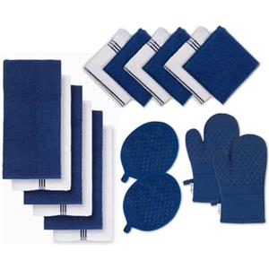 LANE LINEN Set di 16 strofinacci con guanti da forno e presine in silicone, strofinacci da cucina in cotone, piatto assorbente e asciugamani per le mani, indaco