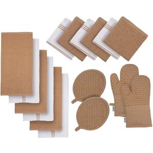 LANE LINEN Set di 16 strofinacci, 100% cotone, guanti resistenti al calore e presina, strofinacci riutilizzabili per lavare, asciugamani assorbenti per asciugare la cucina, beige