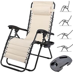 BAKAJI Sedia gravità Zero Sdraio da Giardino Poltrona Relax Pieghevole Salvaspazio con Vassoio Tubolari Acciaio 22mm Reclinabile Tessuto in Oxford Traspirante Terrazzo Piscina Esterno (Beige)