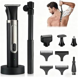 SH-RuiDu Rasoio per la schiena da uomo, 4 in 1, rasoio elettrico ergonomico con manico lungo, kit per la cura del corpo bagnato o asciutto con 4 testine di ricambio per rasoio per schiena, petto, naso e barba