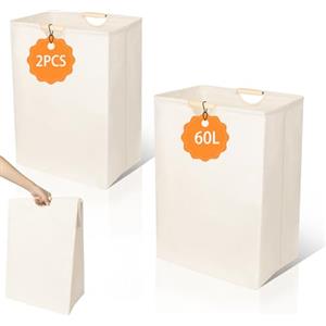 AiQInu 2 Pezzi Portabiancheria Salvaspazio 60L, Cesto Biancheria Sporca, Cesta Portabiancheria, Grandi Portabiancheria Pieghevole, Cesto Porta Biancheria per Lavanderia, in Cotone e Lino Naturale, 56*