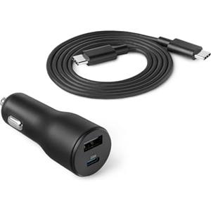 Amazon Basics Caricabatterie da auto a ricarica rapida Amazon Basics, 1 USB-C+1 USB-A, 32 W, con un cavo dritto da 3 piedi, nero