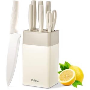 Yabano Set Coltelli da Cucina 7 Pezzi con Ceppo in Plastica e Affilatore Integrato, Lame Antiaderenti e Antiruggine in Acciaio Inox (Bianco)