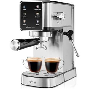 Ufesa Arona Macchina Caffè Espresso 1350W, Pannello Touch a Colori, 20 Bar, Funzione Espresso Cool, Lancia a Vapore Regolabile, Serbatoio Acqua 1L, Portafiltro in Metallo, Design Compatto Caffè Freddo