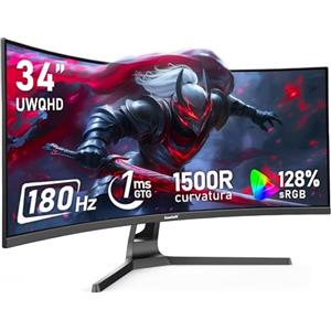 Gawfolk Monitor Ultrawide Da 34 Pollici 1500R Curvo 180Hz Monitor Per Computer Da Gioco, 21:9 UWQHD (3440x1440),128% sRGB,Adaptive Sync,HDR,Angolo di visione 178°,HDMI、Display Port,VESA75×75MM - Nero
