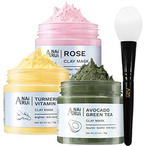 ANAI RUI ANAiRUi Maschera Viso Curcuma Vitamina C - Maschera Argilla Viso Rosa - Maschera Fango e Tè Verde Avocado, Rimozione Punti Neri e Pori Dilatati, Pulizia Viso, Purificante e Idratante, 210g