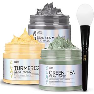 ANAI RUI ANAiRUi Maschera Viso Curcuma - Maschera All'argilla Disintossicante Tè Verde - Maschera Fango Mar Morto, Maschere Set Spa, Purificante e Esfoliante e Idratante, 210g
