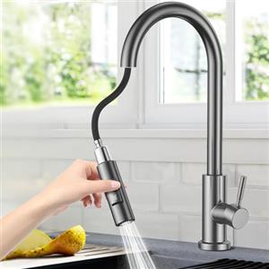 NIKYJM Rubinetto Cucina con Doccetta Estraibile, Rubinetto Lavello Cucina in Acciaio Inox Miscelatore per Cucina con Base Rimovibile, Girevole a 360 °, 2 Modalità Dell'acqua (Grigio)