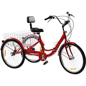 BYUAK Triciclo pieghevole per adulti, 24 pollici, bicicletta da carico a 7 marce, 3 ruote, per adulti, con cestino, per la spesa, per adulti, anziani e donne, regolabile in altezza (rosso)
