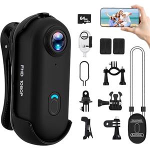 Strixorn Action Cam, fotocamera impermeabile, 64 GB, mini bodycam, bicicletta dashcam, wifi action cam, fotocamera del corpo, fotocamera del casco, fotocamera sportiva con magnete e clip a 360°, per ciclismo