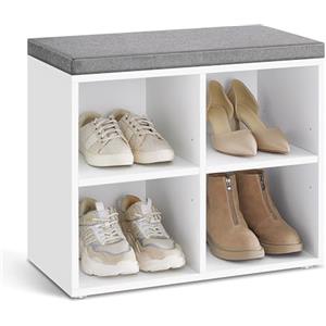 VASAGLE Panca Scarpiera, Scarpiera Ingresso con Seduta Imbottita e 4 Scomparti, Scaffale Porta Scarpe da Ingresso, 30,5 x 59,6 x 48 cm, Bianco e Grigio LHS234W01