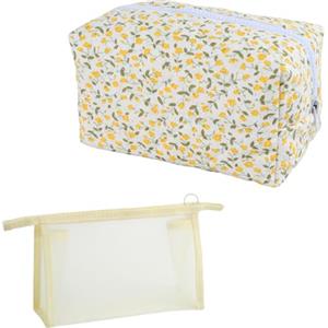 QINGZY 2 Pz Beauty Case Donna, Borsa Cosmetica Trapuntata in Cotone Morbido con Motivo Floreale Giallo, Trousse in Rete Beige, Pochette da Toilette da Viaggio, Organizer Trucco per Uso Quotidiano