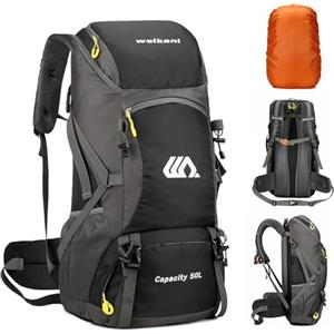 DEARBAG Zaino Trekking Uomo 50L Zaino Viaggio Donna Grande Impermeabile Zaini Trekking Neri con Copri Pioggia per Ciclismo Escursionismo Campeggio Alpinismo Sport All'aria Aperta