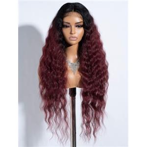 Joedir Ombre rosso vino lungo riccio profondo ondulato parrucche sintetiche anteriori in pizzo per le donne Glueless merletto parrucca media parte naturale aspetto fibra resistente al calore parrucca