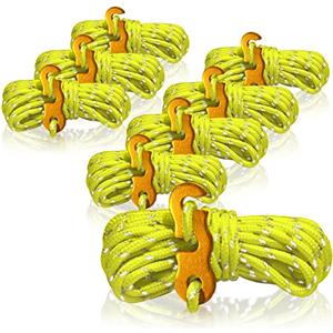 COM-FOUR® 8x tiranti, ciascuno da 4 m per il campeggio, riflettenti in giallo - cavo per tenda con fibbia in alluminio - cavo di tensione - cavo da campeggio - corda per tenda - cinghia antivento