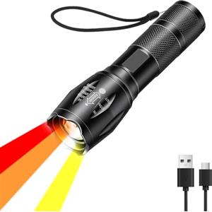 LIAISIMI 4 in 1 torcia a LED con luce rossa, gialla, arancione, bianca, ricaricabile, multifunzionale torcia elettrica con messa a fuoco regolabile torcia impermeabile (Rosso+Giallo+Arancione+Bianco)