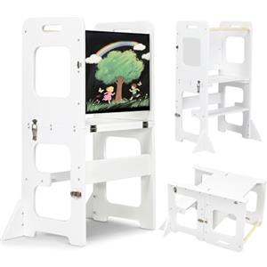 labebe Torre montessoriana per bambini, Pieghevole Torre di Apprendimento, 3-in-1 scala montessoriana Con tavolo da disegno, Legno Learning Tower di età superiore18 mesi bambini（Bianco)