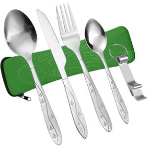 Vicloon Set di Posate con Custodia Portatile, 5 Pezzi in Acciaio Inossidabile con Apribottiglie, da Viaggio Coltello Forchetta Cucchiaio per Campeggio (Verde)
