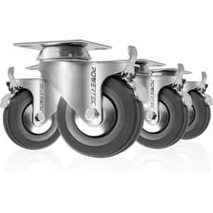 POWERTEC Set di 4 ruote girevoli da 7,6 cm, con freno e carico di 290 kg, ruote girevoli in gomma con doppia chiusura per mobili, carrelli, carrelli e banchi da lavoro (17023-P4V)