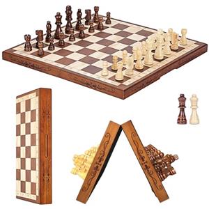 Syrace Set di scacchi magnetici da tavolo, per bambini e adulti, in legno, pieghevoli, intagliati a mano, da viaggio, con pezzi di gioco e slot per riporre oggetti, 40 cm (scacchi magnetici lussuosi)