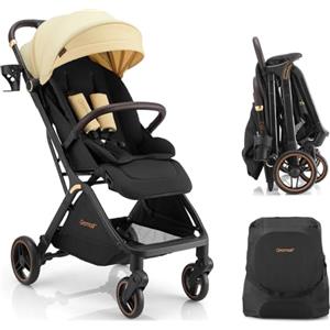 Gromast Gravity Passeggino pieghevole da viaggio portatile con schienale regolabile e tettuccio parasole, leggero e protetto dai raggi UV, pieghevole con una sola mano, colore beige
