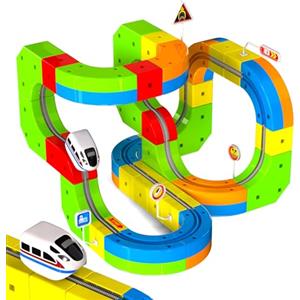 Goody King Trenino Elettrico per Bambini 69 Pezzi - Kit 3D DIY con Binari Magnetici a Cubi, Include Treno e Segnali Stradali, Giocattolo Educativo Creativo STEM Regalo per Bambini 4-12 Anni