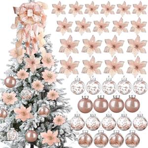 Geosar Set di 49 Pezzi Decorazioni per Albero di Natale 24 Fiori di Stella di Natale Glitterati in 3 Taglie Topper di Fiocco e 24 Palline da 2,36 Pollici per Festa di Natale e Capodanno (Rosa Oro)