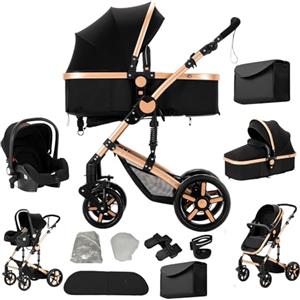 Veitoalioy Passeggino 3 in 1 Trio Neonati, Per Neonato 3 in 1 Passeggini, Carrozzino multifunzione, Passeggino Pieghevole (588 Black Gold)