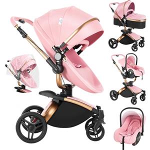 Veitoalioy PU Pelle Passeggino 3 in 1 Trio Neonati, 360° Sedile Girevole 3 in 1 Passeggini Per Neonato, Carrozzino multifunzione, Passeggino Pieghevole (906 Pink)