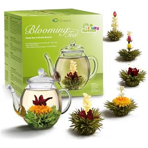 Creano - Fiori di Tè Verde Set Regalo con Teiera di Vetro 500ml - 6 varietà di Tè Fiorito - con sfere che si trasformano in fiori, idea regalo per Natale