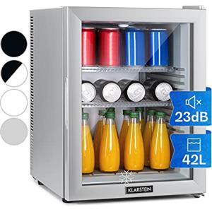 KLARSTEIN Brooklyn - Minibar, Mini Frigo da Camera, Sistema Raffreddamento Termoelettrico in 3 Livelli: fino a 12 °C, Frigorifero Piccolo, EcoExcellence System, Silenziosissimo: 23 dB, 42 L, Argento
