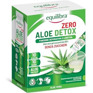 Equilibra Aloe Detox Zero, Aloe Vera Gel Concentrato 99%, 10 stick da 30 ml, Filiera 100% italiana, con Polpa, Senza zuccheri, Funzione Depurativa e Lenitiva, Da Bere Puro o Diluito in Acqua