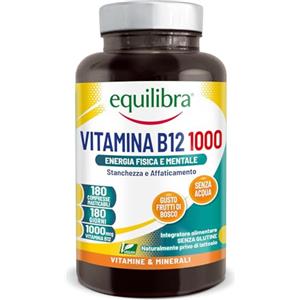 Equilibra, Vitamina B12, Alto Dosaggio 1000 mcg per dose, 180 Compresse Masticabili, Vegan, Gusto Frutti di Bosco, Riduzione di Stanchezza e Affaticamento, Normale Metabolismo Energetico