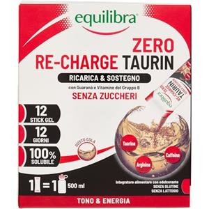 Equilibra, Taurina 1000mg, Integratore Stanchezza, Allenamento, Vegan, Senza Zuccheri, con Arginina, Caffeina da Guaranà, Vitamine Gruppo B, Gusto Cola, 12 Stick Gel da Sciogliere in Acqua