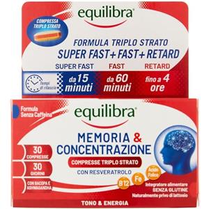 Equilibra, Memoria e Concentrazione, 30 Compresse Triplo-Strato, con Ferro, Zinco, Ashwagandha, Bacopa e Resveratrolo, Integratore Multivitamine e Minerali, Rilascio Graduale, Senza Caffeina