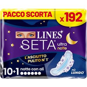 LINES SETA ULTRA NOTTE con ali, Pacco scorta da 192 assorbenti per ciclo mestruale,protezione per la notte, zero odori, Ipoallergenico, cuore lines super assorbente, filtrante seta con fori a imbuto