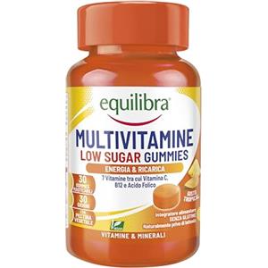 Equilibra, Multivitaminico in Gummies Low Sugar, Pastiglie Gommose, Vegan, Integratore Energia, 7 Vitamine, Vitamina C, B12 e Acido Folico, a Base di Pectina, Senza Glutine, Gusto Tropical, 30 Gummies