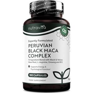 Nutravita Complesso di Maca Nera 6000mg con Zinco, Vitamina B12, Ginseng, Fieno Greco, Vitamina B6, L Arginina - Metabolismo Energetico, Funzioni Psicologiche Normali (EFSA) 180 Capsule per 6 Mesi - Nutravita