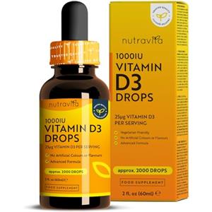 Nutravita Vitamina D3 Gocce - 1000 UI per Goccia Alto Dosaggio - 2000 Gocce in 60ml - Supporta Ossa, Denti e Sistema Immunitario - Vitamina D Liquida Colecalciferolo Vegetariano - Prodotto da Nutravita
