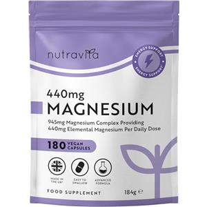 Nutravita 945mg Magnesium complex - 440 mg di Magnesio Elementare per Dose - 180 Capsule Vegane per 90 Giorni - Suprema Biodisponibilità - Supporta Muscoli, Ossa, Metabolismo Energetico - Prodotto da Nutravita