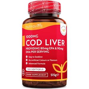 Nutravita Olio di Fegato di Merluzzo Capsule 1000 mg - 365 Capsule Premium di Olio di Pesce - Omega 3 Alta Resistenza con Vitamine A, D, E e di Aglio - Supporta la Salute di Cuore e Cervello - Nutravita