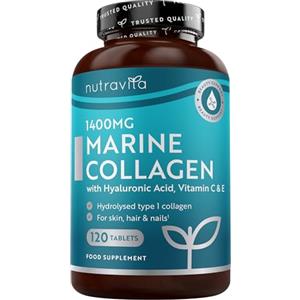 Nutravita Collagene Marino con Acido Ialuronico 1400mg - Collagene Idrolizzato Tipo 1-120 Compresse - Marine Collagen, Vitamina C & Biotina Integratore per Capelli, Pelle, Unghie e Articolazioni
