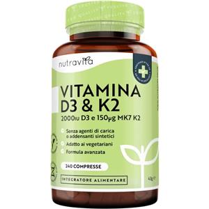 Nutravita Vitamina D3 K2 - Vit D3 2000 UI + 150µg Vitamina K - Formula Ottimale: Supporta il Sistema Immunitario, le Ossa, i Denti, e i Muscoli - 240 Piccole Compresse Vegetariane - Nutravita